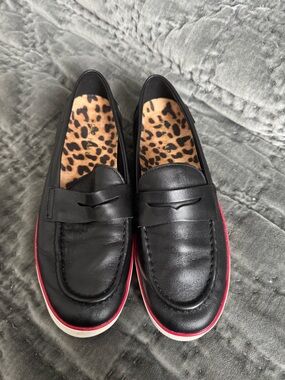 Cole Haan Black Leather Penny Loafers with Leopard Insole and Red Trim 7.5